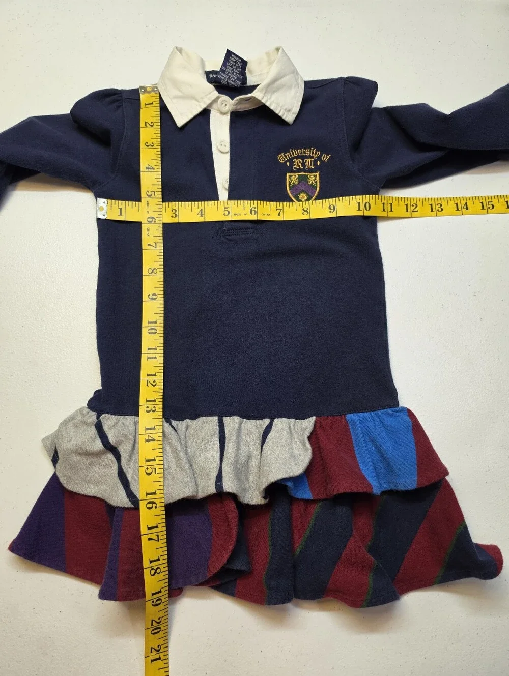 Ralph Lauren Vintage Navy Long-Sleeve Polo Dress with Crest Ruffle Hem